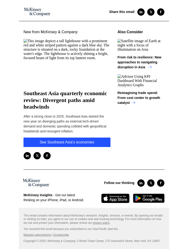 Письмо компании «McKinsey & Company» на тему «Southeast Asia quarterly economic review: Divergent paths amid
 headwinds»