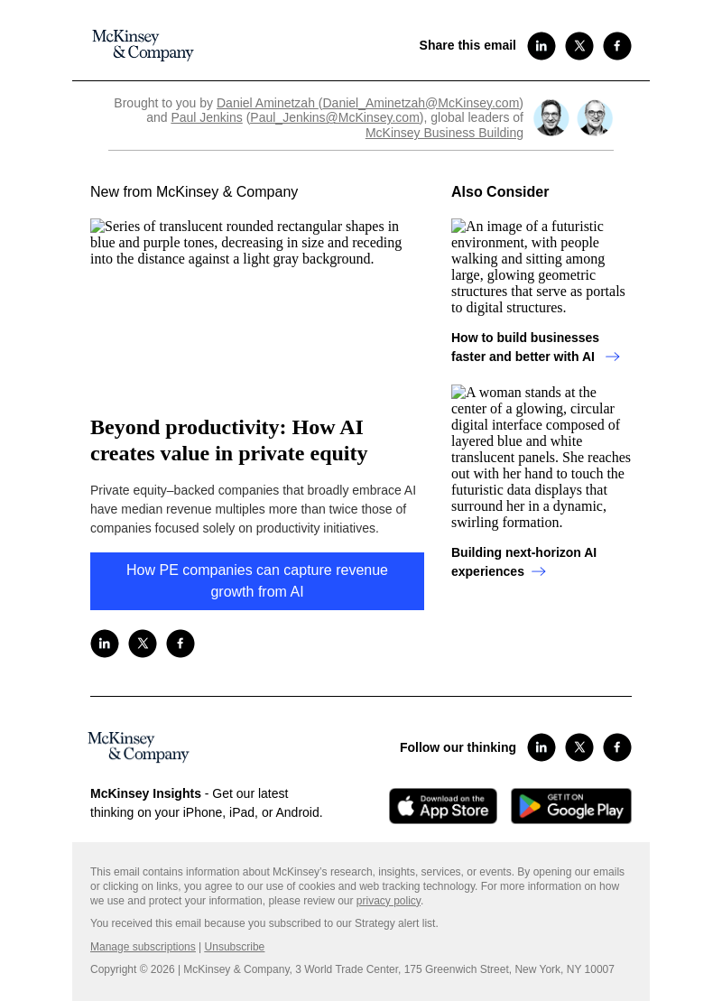 Письмо компании «McKinsey & Company» на тему «Beyond productivity: How AI creates value in private equity»