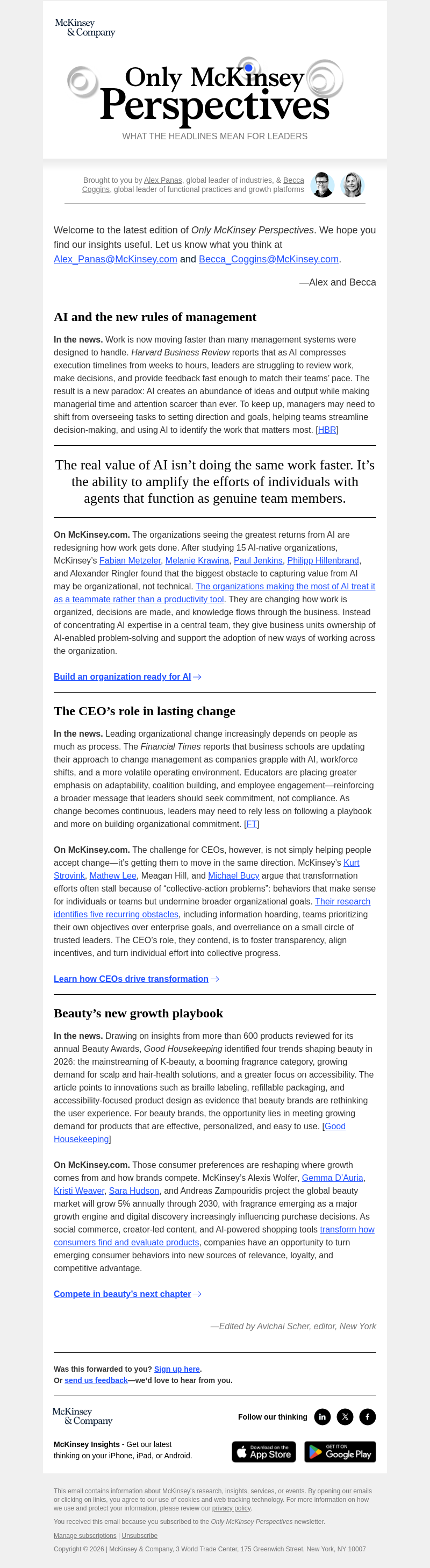 Письмо компании «McKinsey & Company» на тему «AI changes the manager’s role, CEOs turn change into progress, and beauty finds new paths to growth»