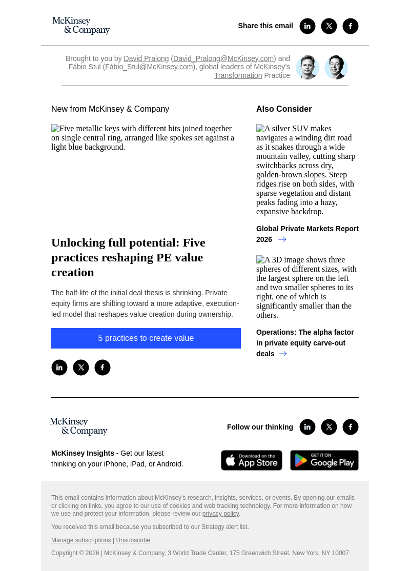 Письмо компании «McKinsey & Company» на тему «Unlocking full potential: Five practices reshaping PE value
 creation»