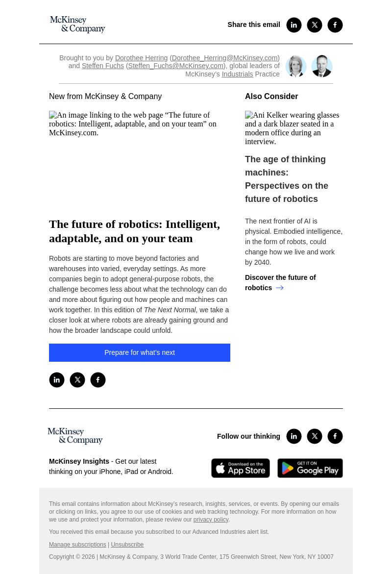 Письмо компании «McKinsey & Company» на тему «The future of robotics: Intelligent, adaptable, and on your team»