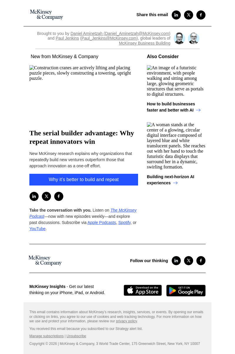 Письмо компании «McKinsey & Company» на тему «The serial builder advantage: Why repeat innovators win»
