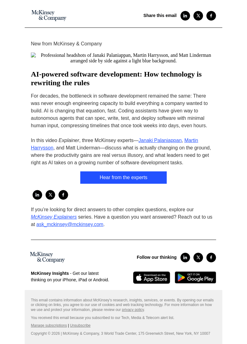 Письмо компании «McKinsey & Company» на тему «AI-powered software development: How technology is rewriting the
 rules»