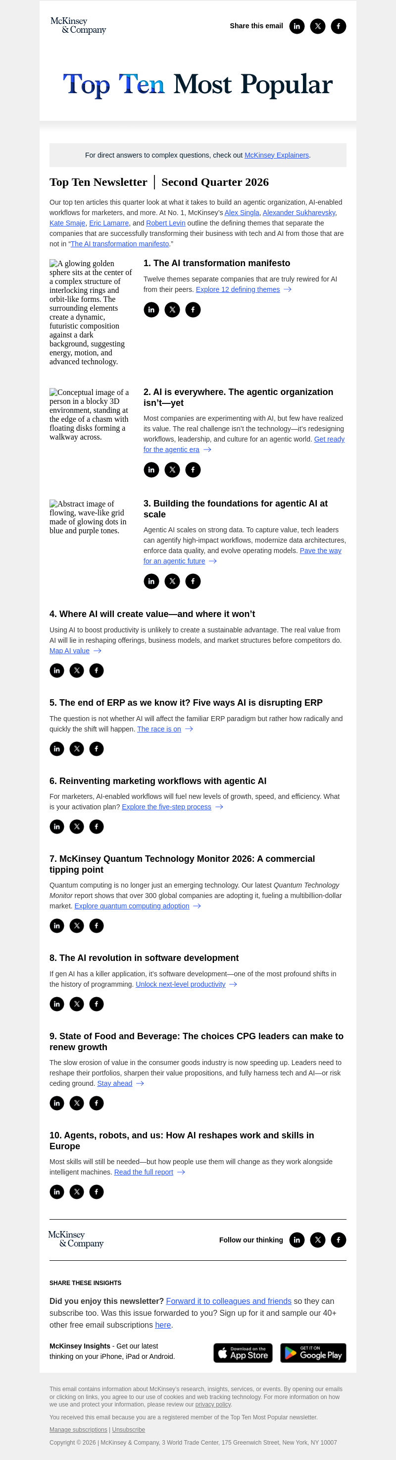 Письмо компании «McKinsey & Company» на тему «Top 10 articles this quarter»