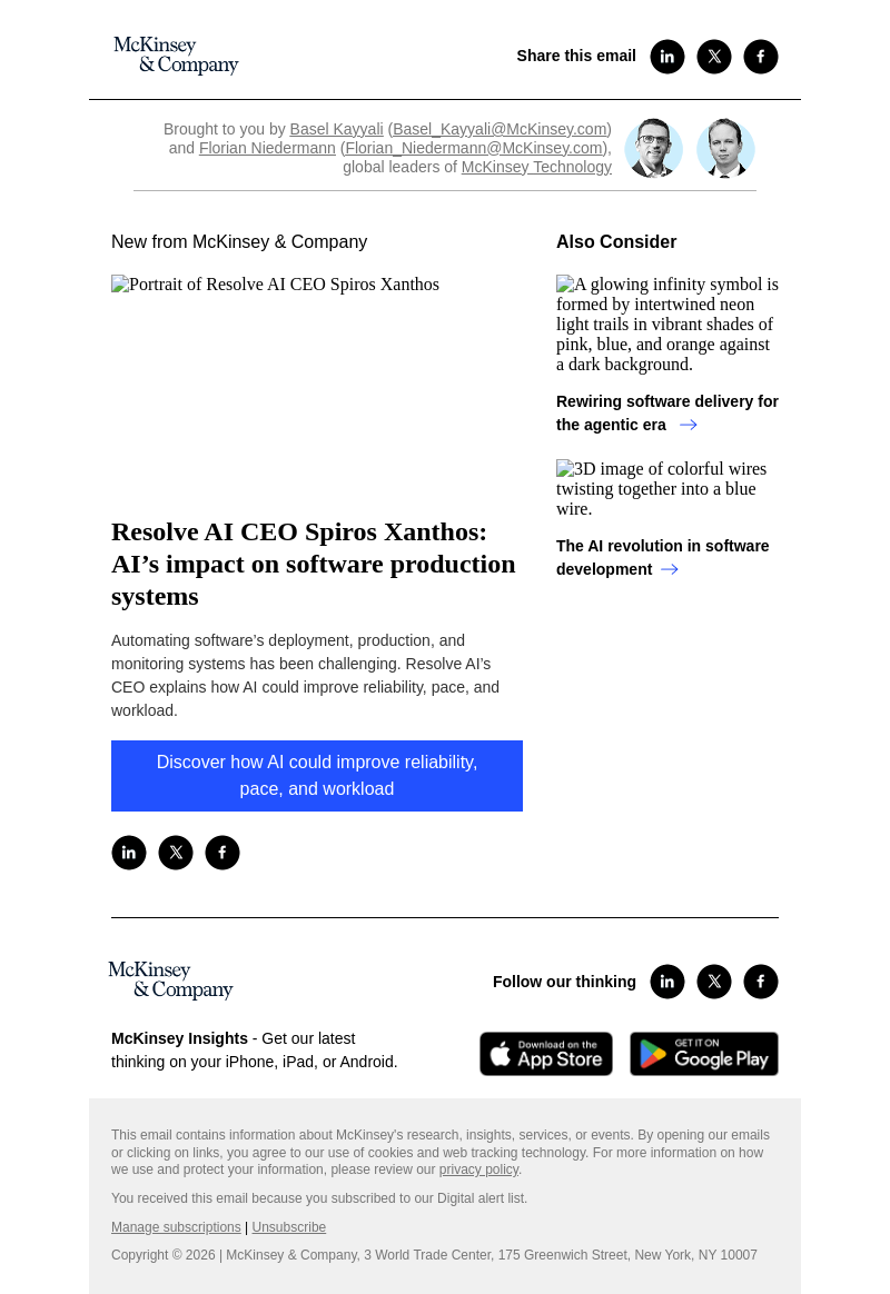 Письмо компании «McKinsey & Company» на тему «Resolve AI CEO Spiros Xanthos: AI’s impact on software production systems»