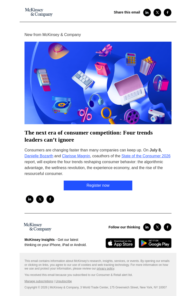 Письмо компании «McKinsey & Company» на тему «You’re invited! Join us for a McKinsey Live event on the State of the Consumer 2026»