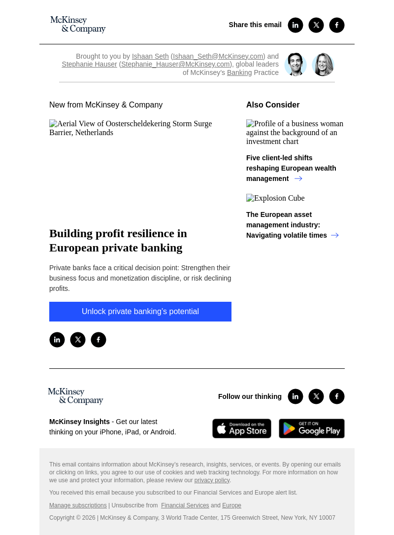 Письмо компании «McKinsey & Company» на тему «Building profit resilience in European private banking»