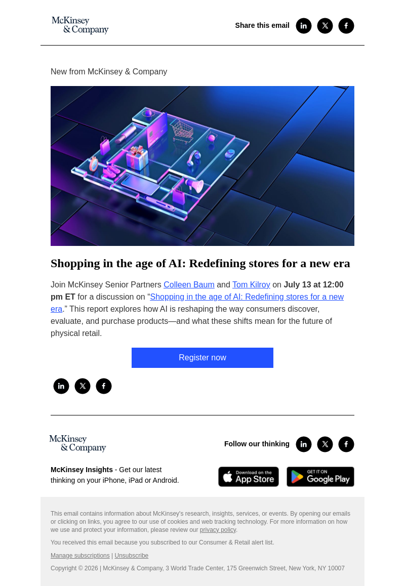 Письмо компании «McKinsey & Company» на тему «You’re invited! Join us for a webinar on shopping in the age of AI»