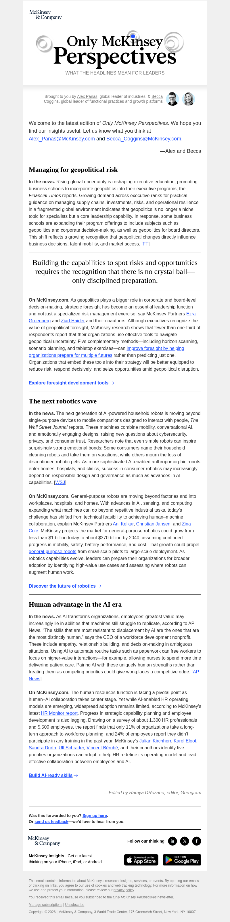 Письмо компании «McKinsey & Company» на тему «Geopolitical foresight beats uncertainty. Plus, the rise of general-purpose robots, and this year’s HR trends»