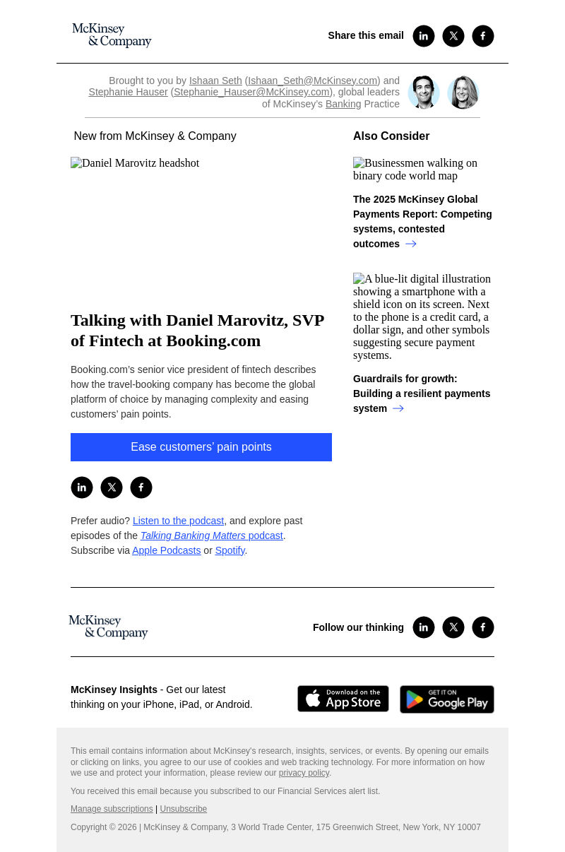 Письмо компании «McKinsey & Company» на тему «Talking with Daniel Marovitz, SVP of Fintech at Booking.com»