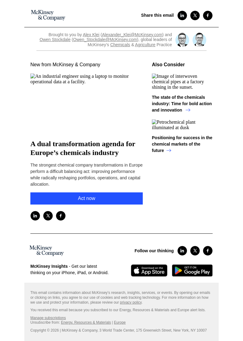 Письмо компании «McKinsey & Company» на тему «A dual transformation agenda for Europe’s chemicals industry»