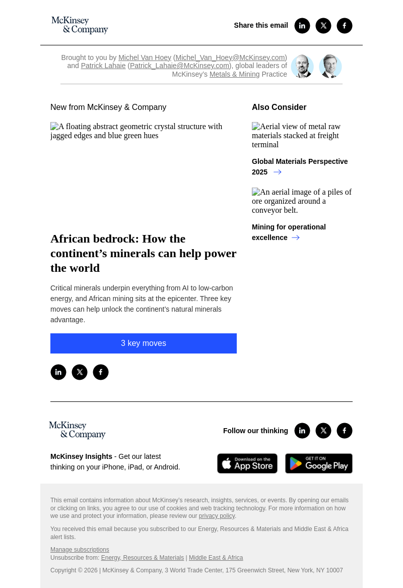 Письмо компании «McKinsey & Company» на тему «African bedrock: How the continent’s minerals can help power the world»
