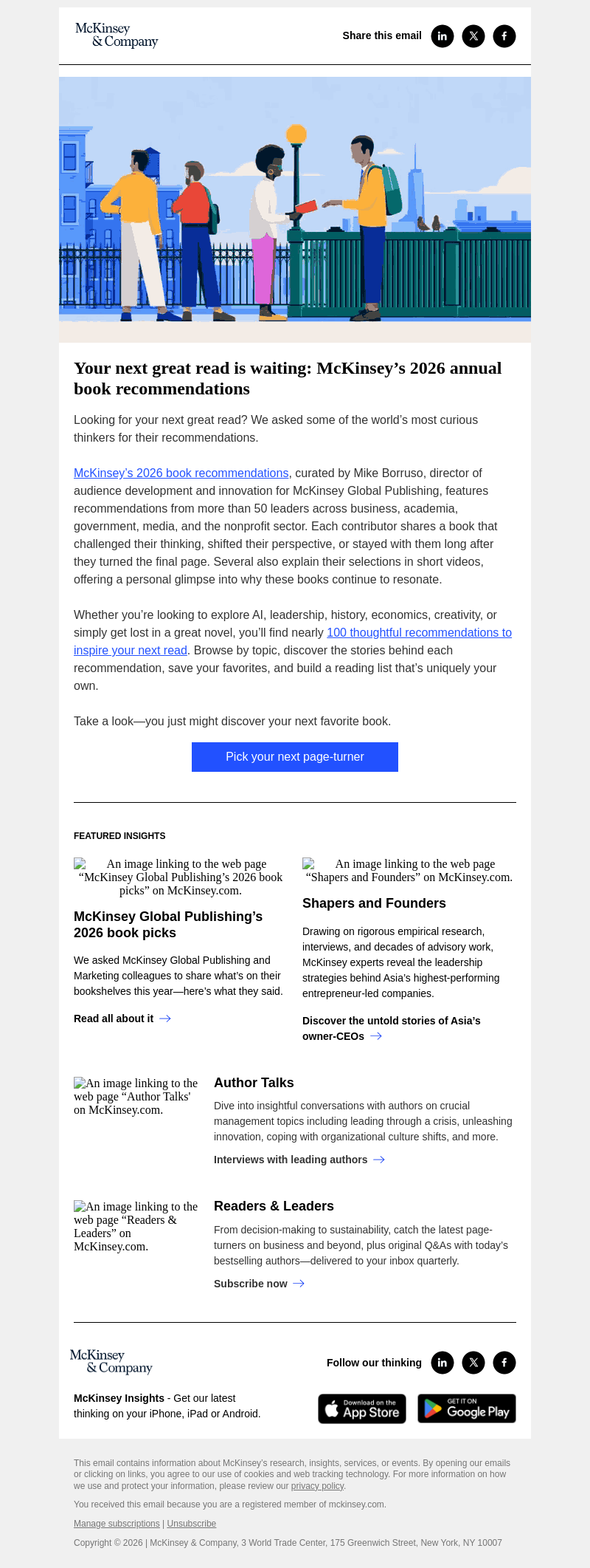 Письмо компании «McKinsey & Company» на тему «[Out now] What to read next: McKinsey’s 2026 annual book recommendations»