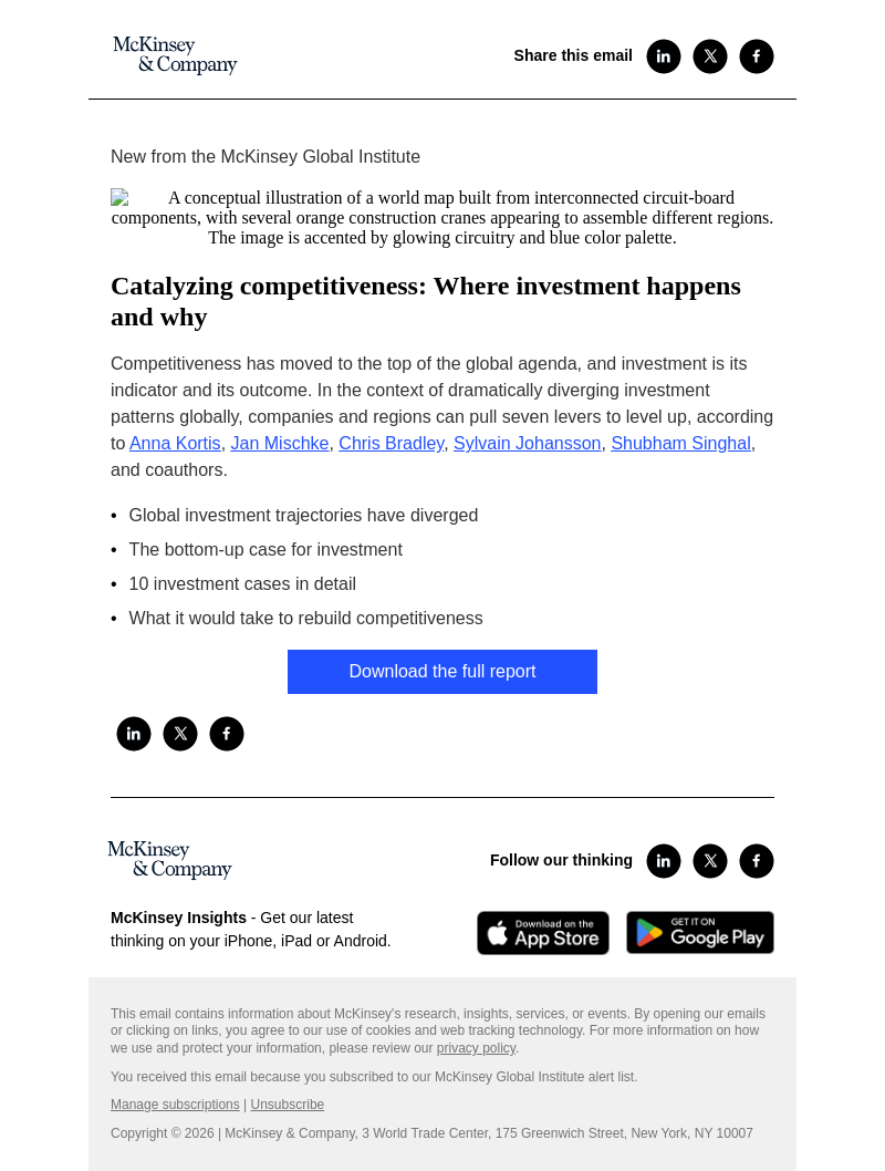 Письмо компании «McKinsey & Company» на тему «Catalyzing competitiveness: Where investment happens and why »
