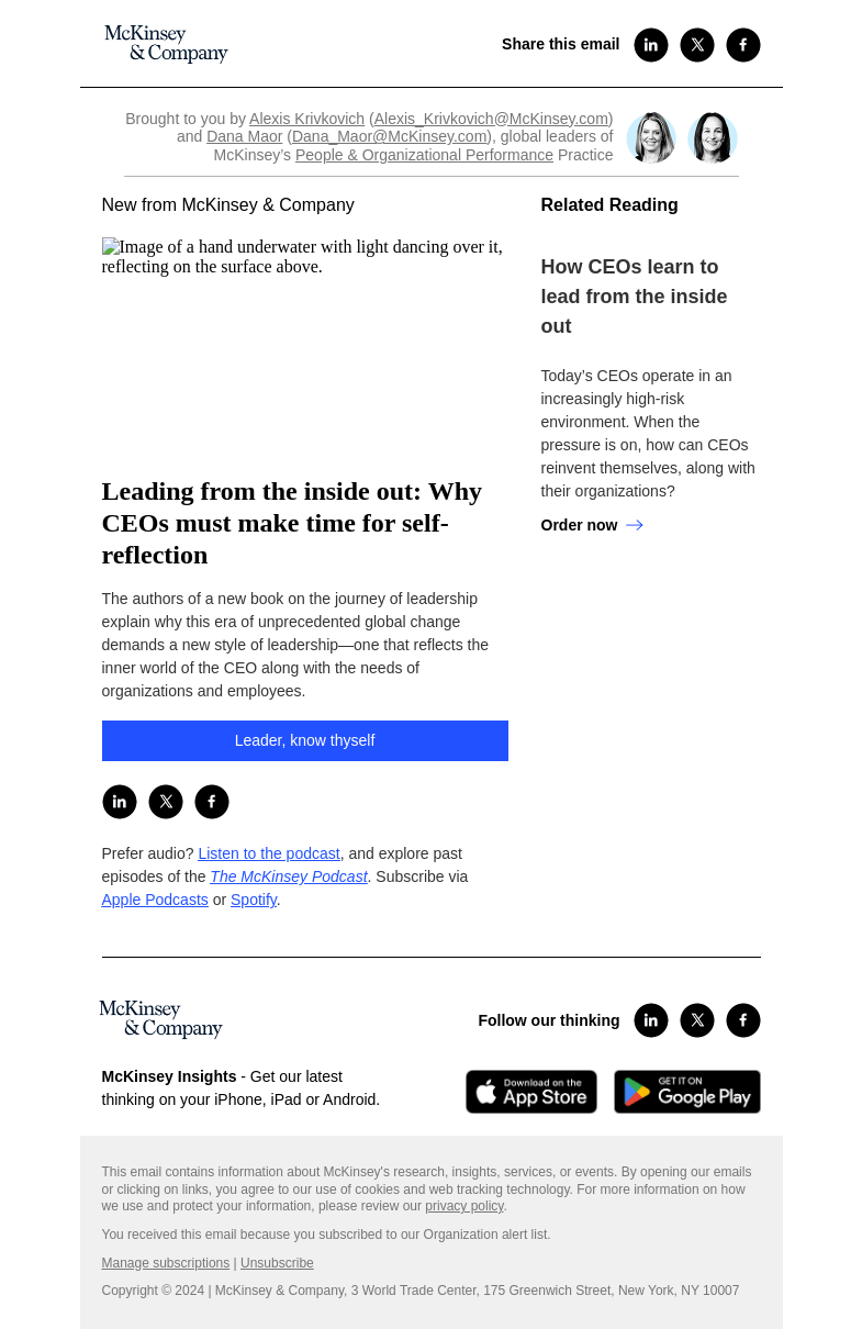 Письмо компании «McKinsey & Company» на тему «Leading from the inside out: Why CEOs must make time for
 self-reflection»
