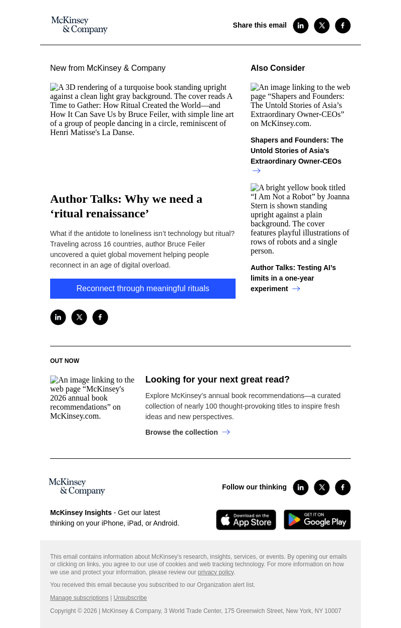 Письмо компании «McKinsey & Company» на тему «Author Talks: Why we need a ‘ritual renaissance’»