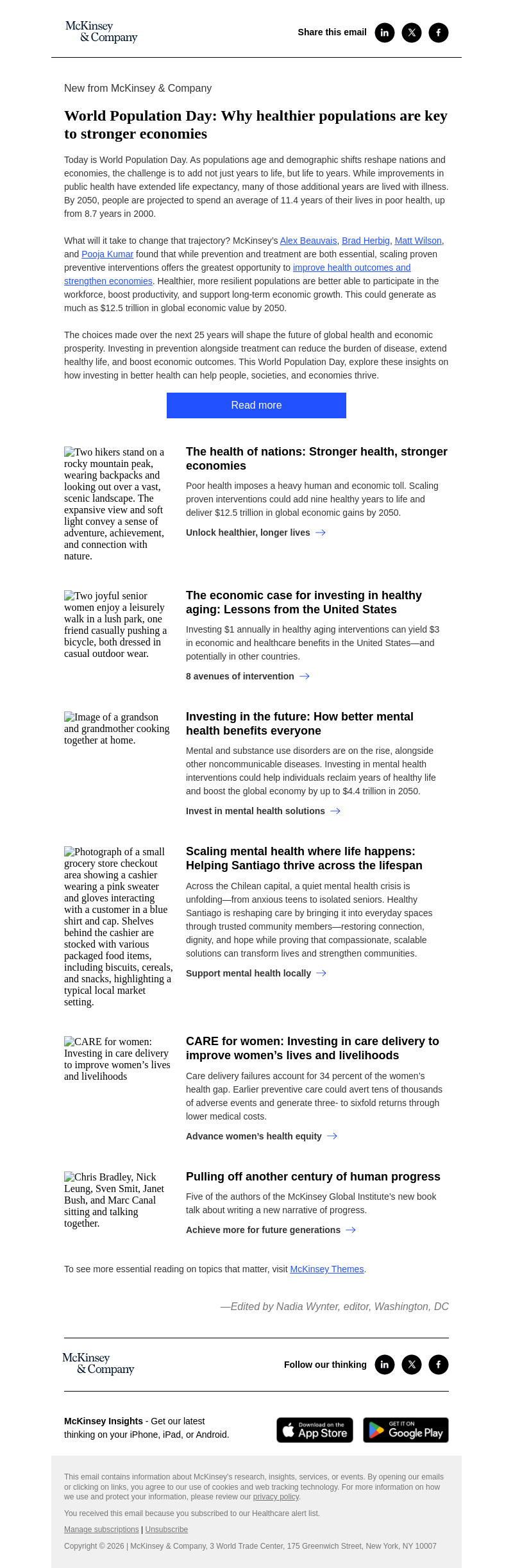 Письмо компании «McKinsey & Company» на тему «How investing in population health fuels global growth»