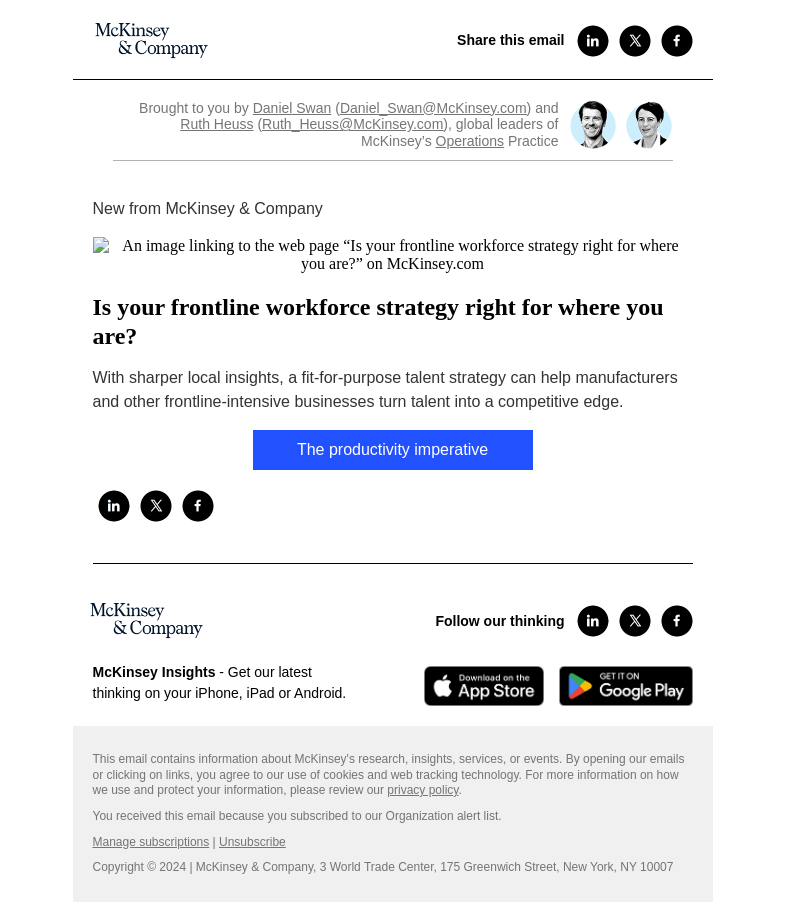 Письмо компании «McKinsey & Company» на тему «Is your frontline workforce strategy right for where you are?»