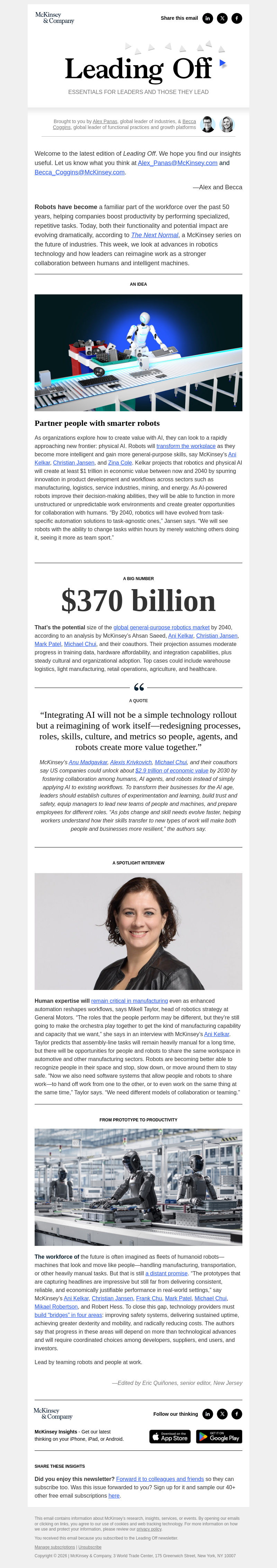 Письмо компании «McKinsey & Company» на тему «How robots will transform the workforce: A leader’s guide»