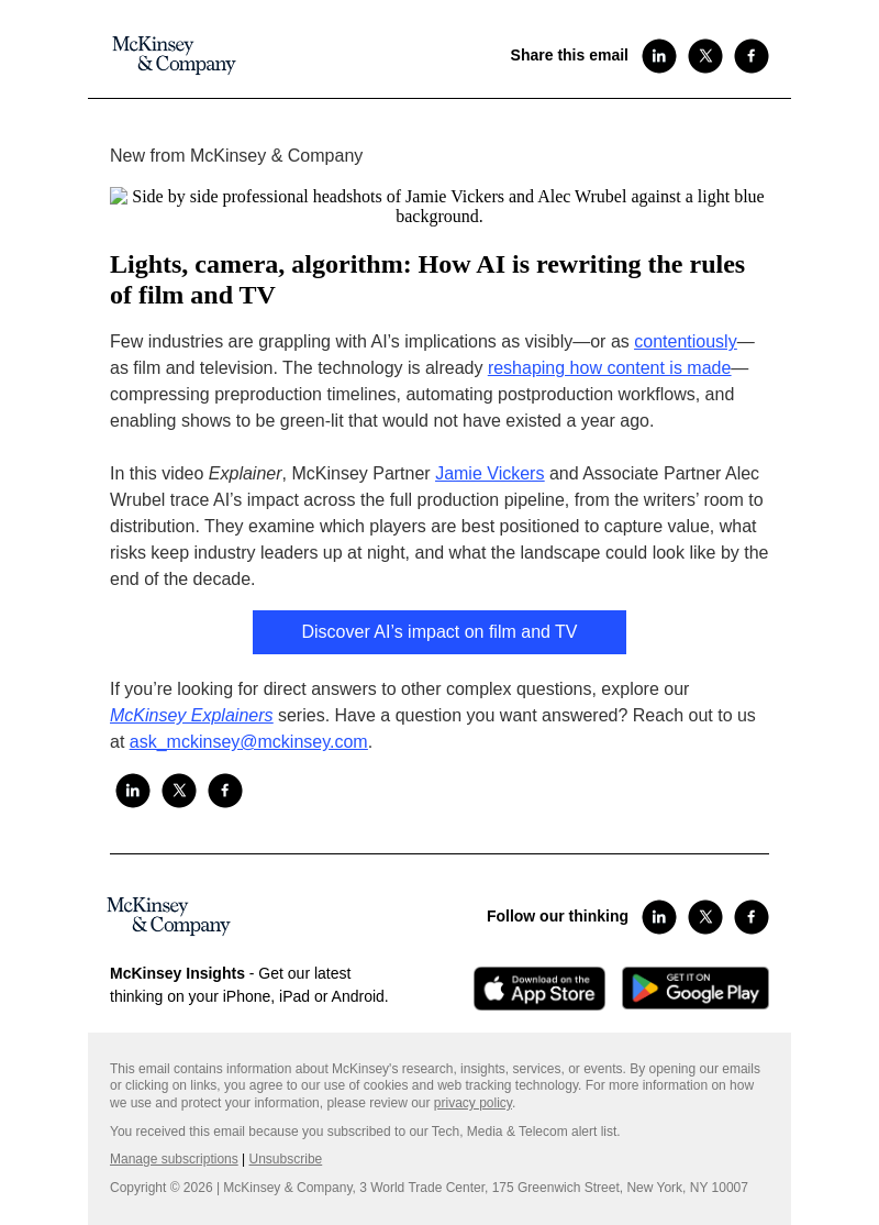 Письмо компании «McKinsey & Company» на тему «Lights, camera, algorithm: How AI is rewriting the rules of film
 and TV»