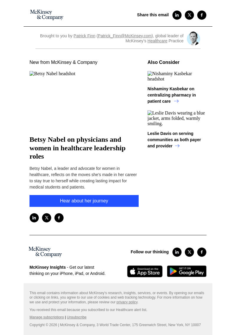 Письмо компании «McKinsey & Company» на тему «Betsy Nabel on physicians and women in healthcare leadership roles»