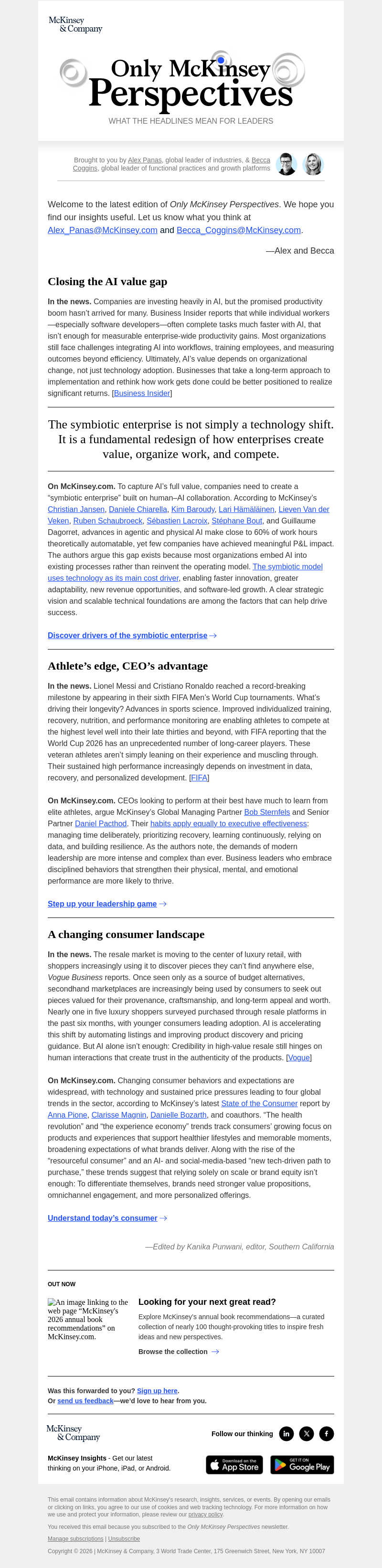 Письмо компании «McKinsey & Company» на тему «Why AI needs a new operating model, leadership lessons from soccer
 legends, and the consumer trends reshaping demand»