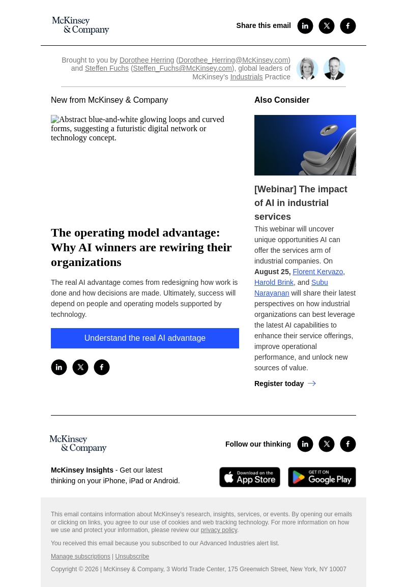 Письмо компании «McKinsey & Company» на тему «The operating model advantage: Why AI winners are rewiring their
 organizations»