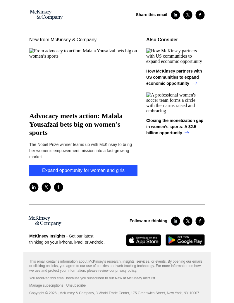 Письмо компании «McKinsey & Company» на тему «Advocacy meets action: Malala Yousafzai bets big on women’s sports»