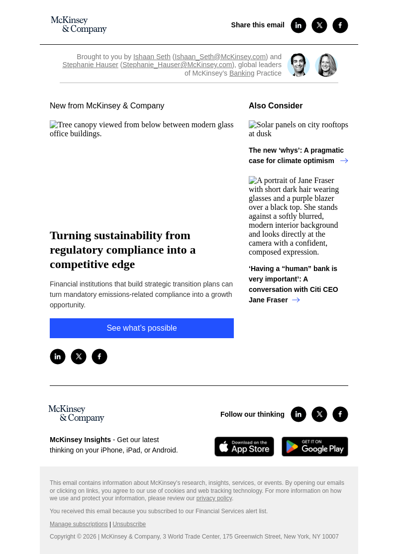 Письмо компании «McKinsey & Company» на тему «Turning sustainability from regulatory compliance into a
 competitive edge»