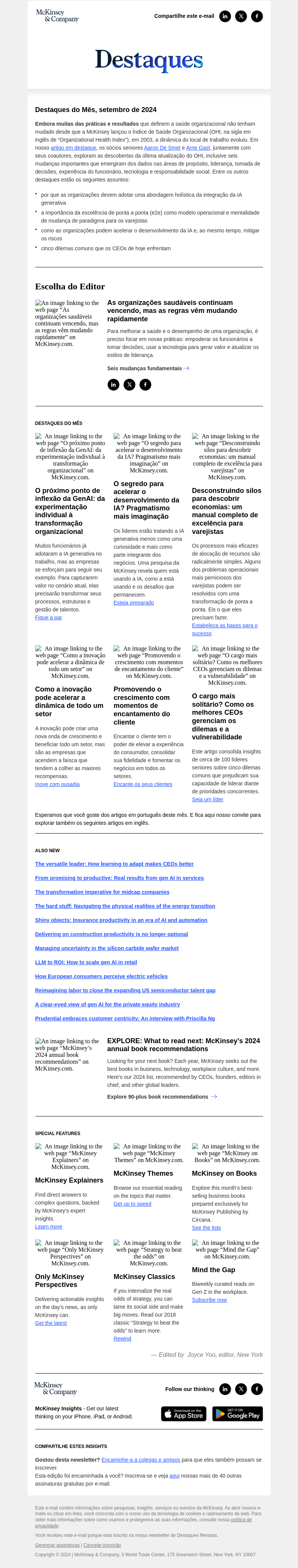 Письмо компании «McKinsey & Company» на тему «Mudanças nas regras da saúde organizacional»
