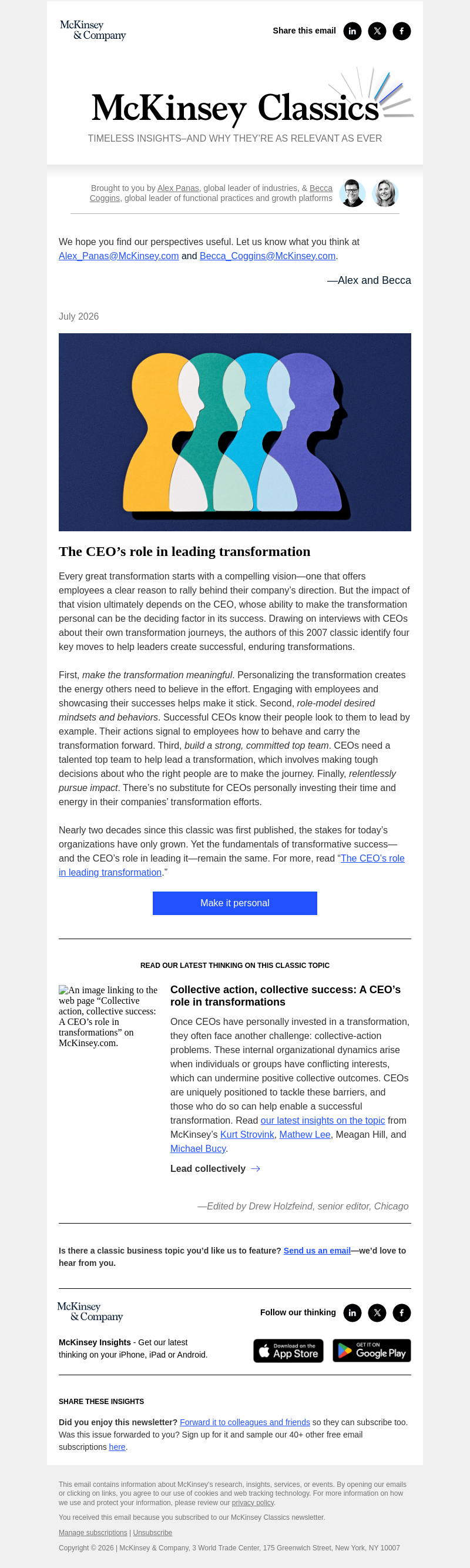 Письмо компании «McKinsey & Company» на тему «Role model in chief: Why CEOs must lead the transformation»