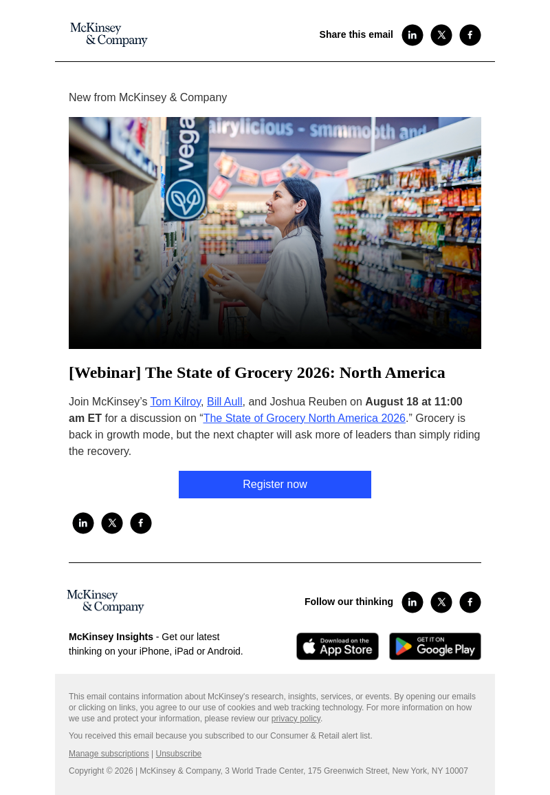 Письмо компании «McKinsey & Company» на тему «You’re invited! Join us for a webinar on the State of Grocery 2026: North America»