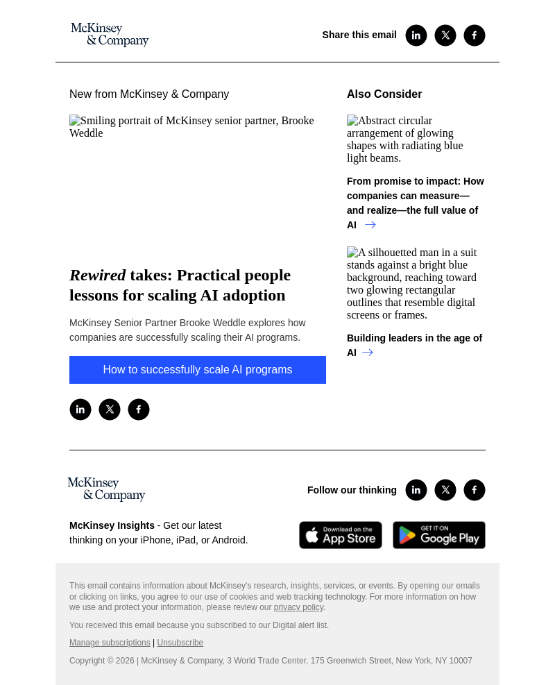 Письмо компании «McKinsey & Company» на тему «Rewired takes: Practical people lessons for scaling AI adoption»
