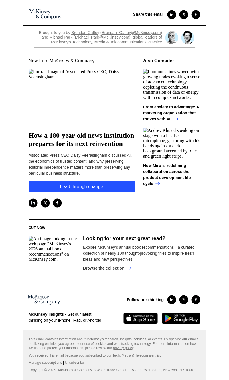 Письмо компании «McKinsey & Company» на тему «How a 180-year-old news institution prepares for its next
 reinvention»