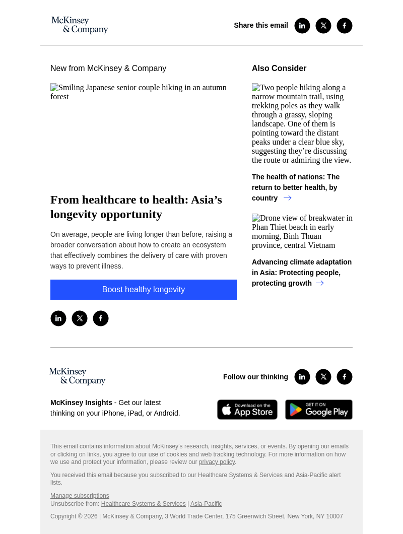 Письмо компании «McKinsey & Company» на тему «From healthcare to health: Asia’s longevity opportunity»