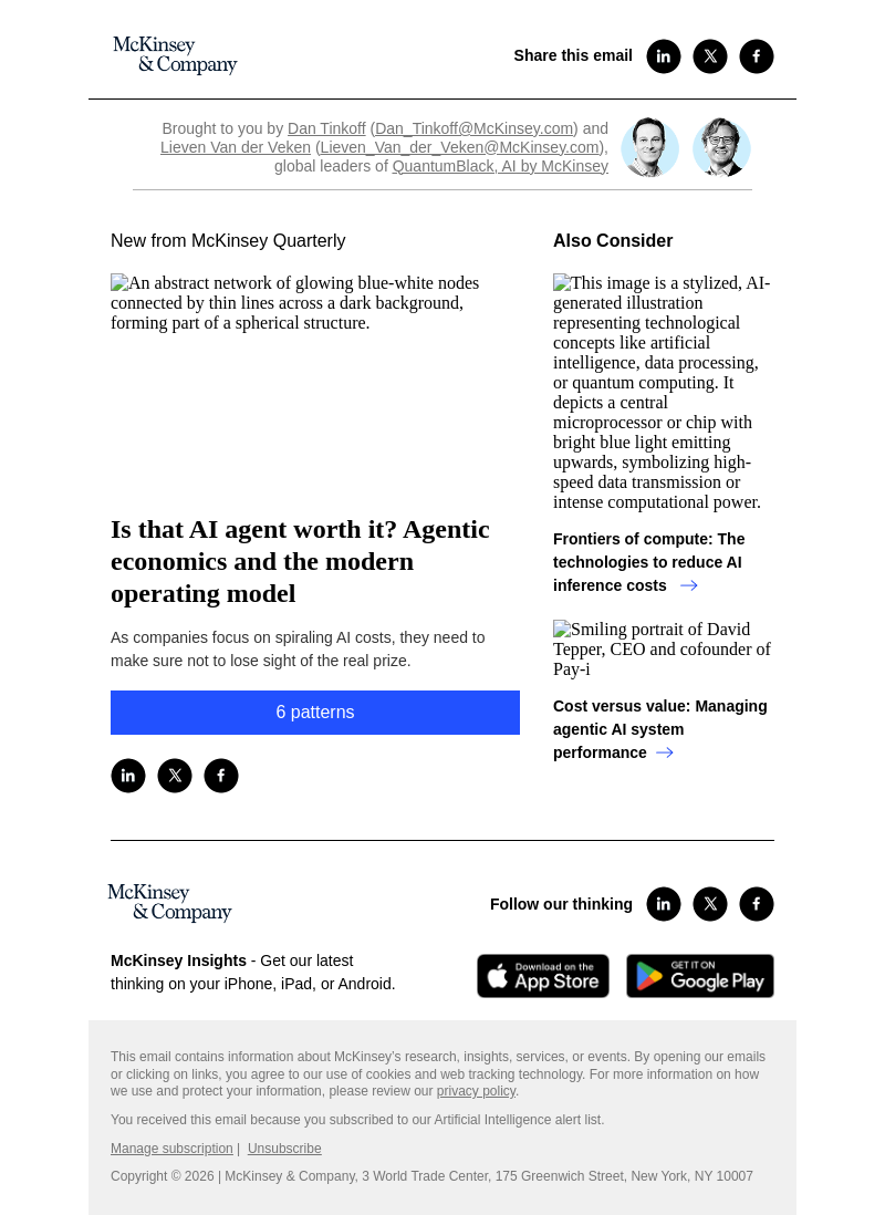 Письмо компании «McKinsey & Company» на тему «Is that AI agent worth it? Agentic economics and the modern
 operating model»