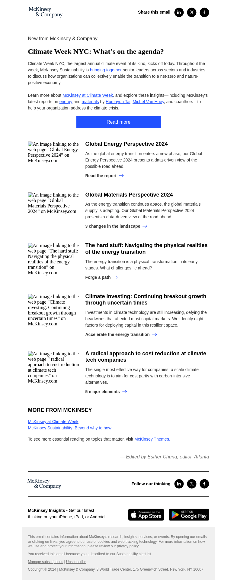 Письмо компании «McKinsey & Company» на тему «Climate Week NYC: What’s on the agenda?»