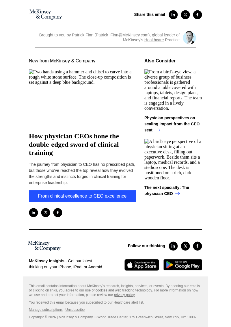 Письмо компании «McKinsey & Company» на тему «How physician CEOs hone the double-edged sword of clinical training»