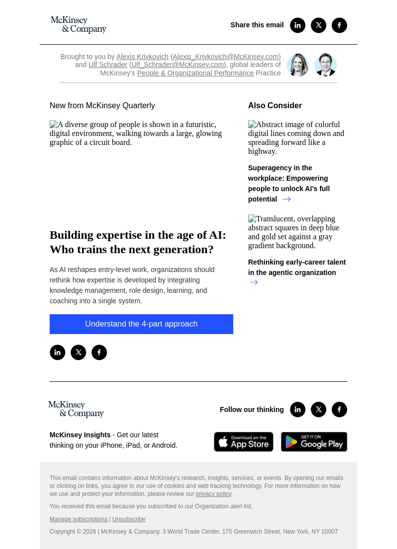 Письмо компании «McKinsey & Company» на тему «Building expertise in the age of AI: Who trains the next
 generation?»