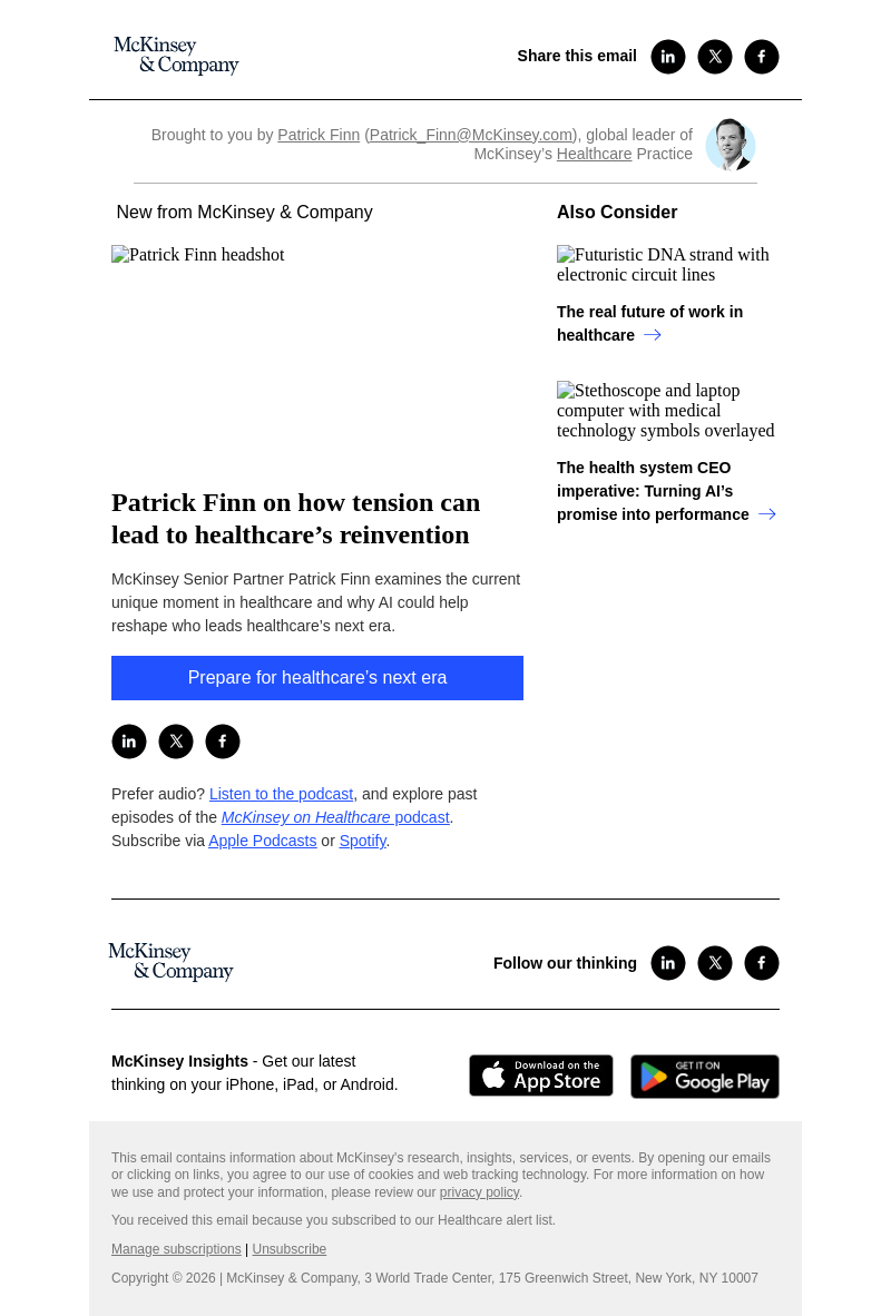 Письмо компании «McKinsey & Company» на тему «Patrick Finn on how tension can lead to healthcare’s reinvention»