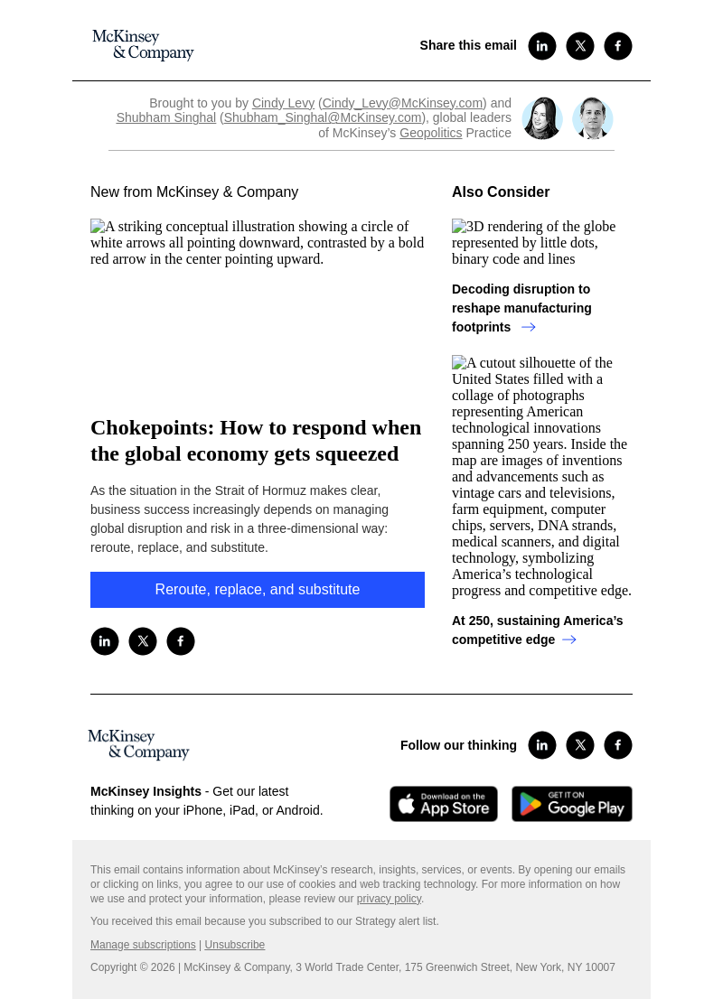 Письмо компании «McKinsey & Company» на тему «Chokepoints: How to respond when the global economy gets squeezed»