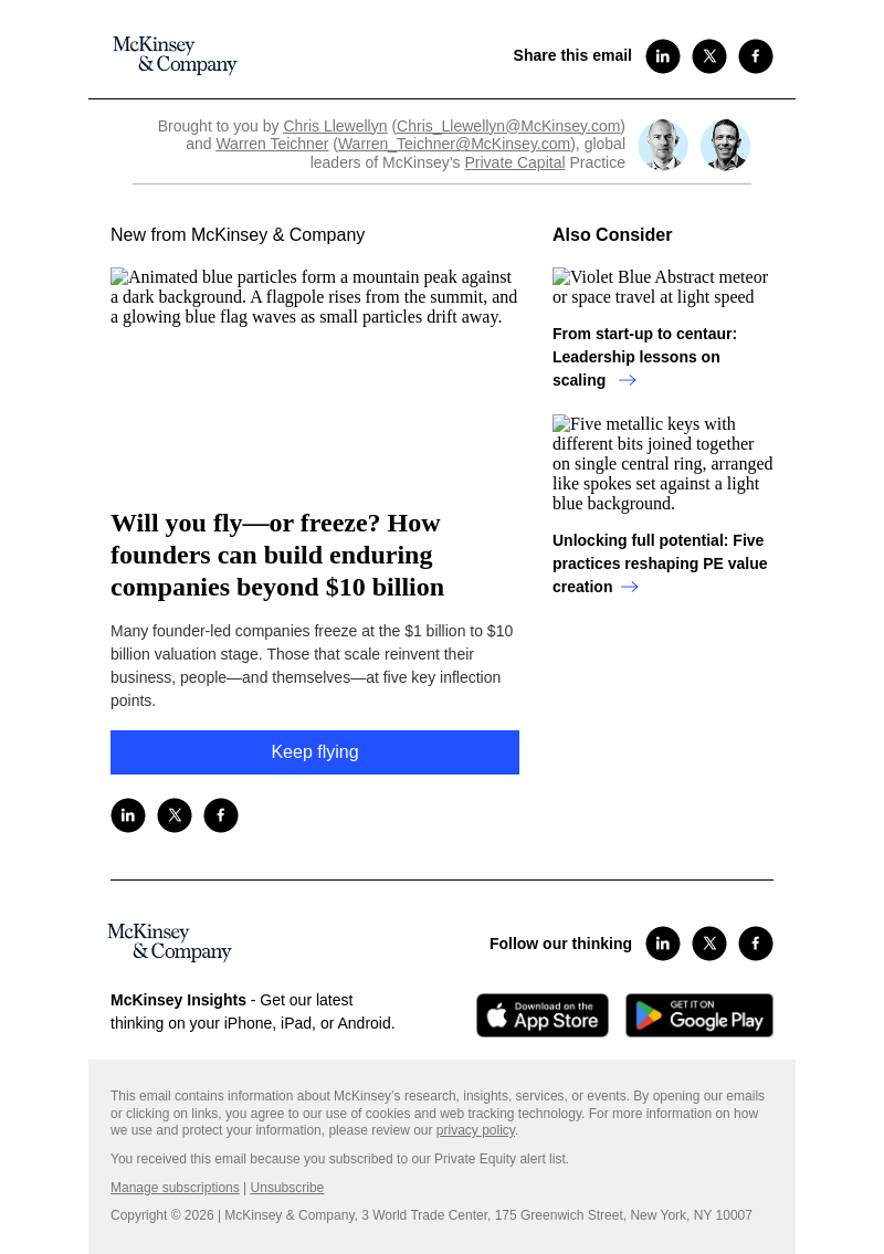 Письмо компании «McKinsey & Company» на тему «Will you fly—or freeze? How founders can build enduring companies beyond $10 billion»