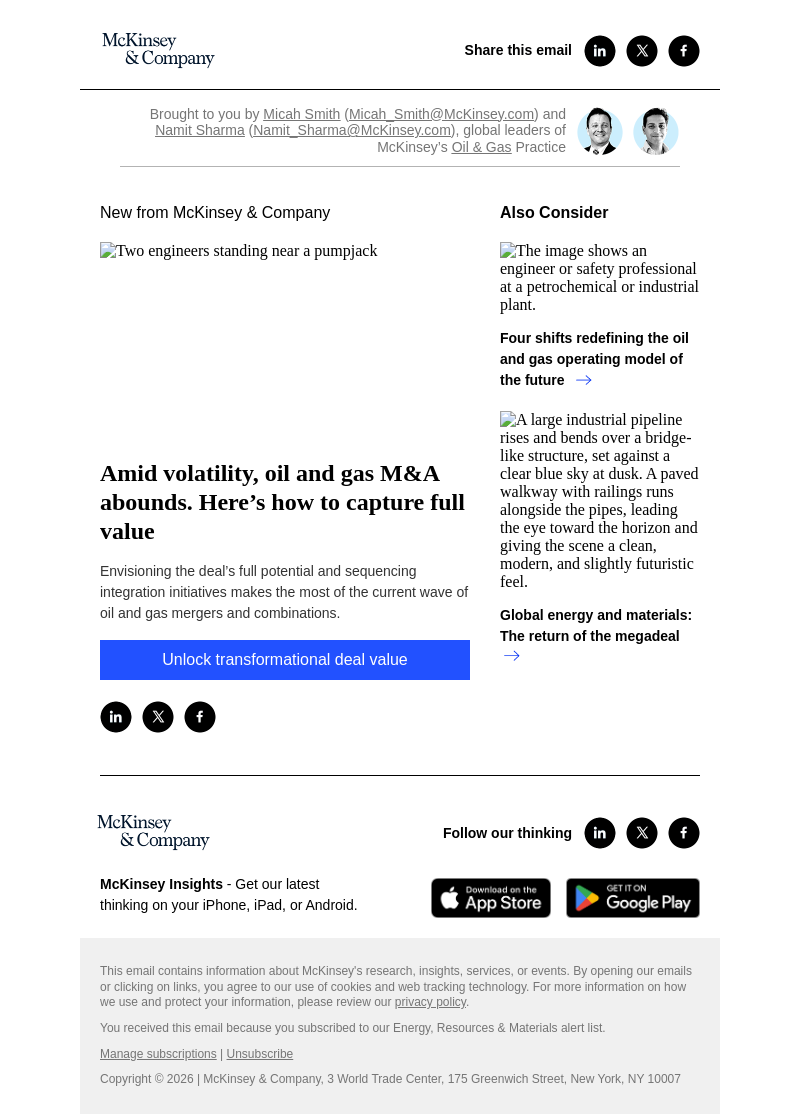 Письмо компании «McKinsey & Company» на тему «Amid volatility, oil and gas M&A abounds. Here’s how to capture full value»