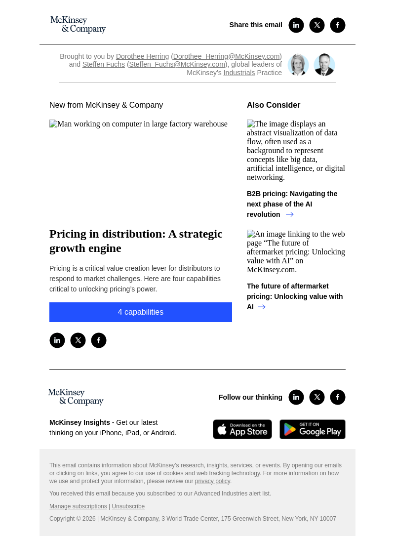 Письмо компании «McKinsey & Company» на тему «Pricing in distribution: A strategic growth engine»