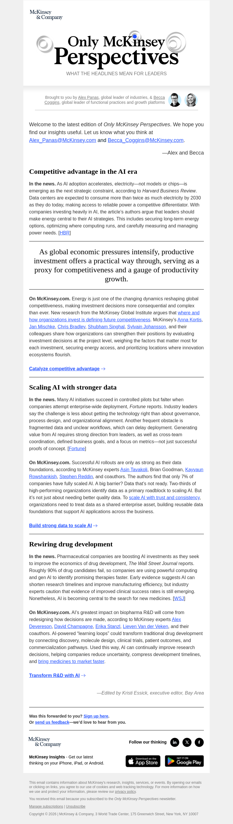 Письмо компании «McKinsey & Company» на тему «New rules for competitive advantage, scaling AI through data, and
 rewiring drug development»