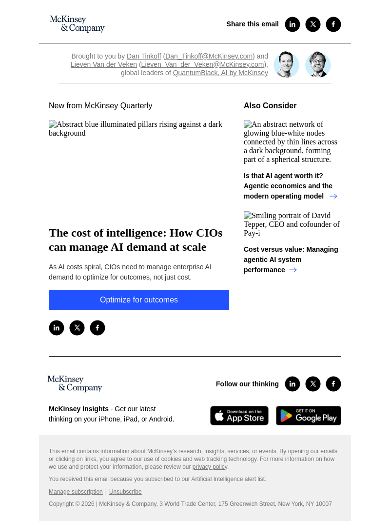 Письмо компании «McKinsey & Company» на тему «The cost of intelligence: How CIOs can manage AI demand at scale»