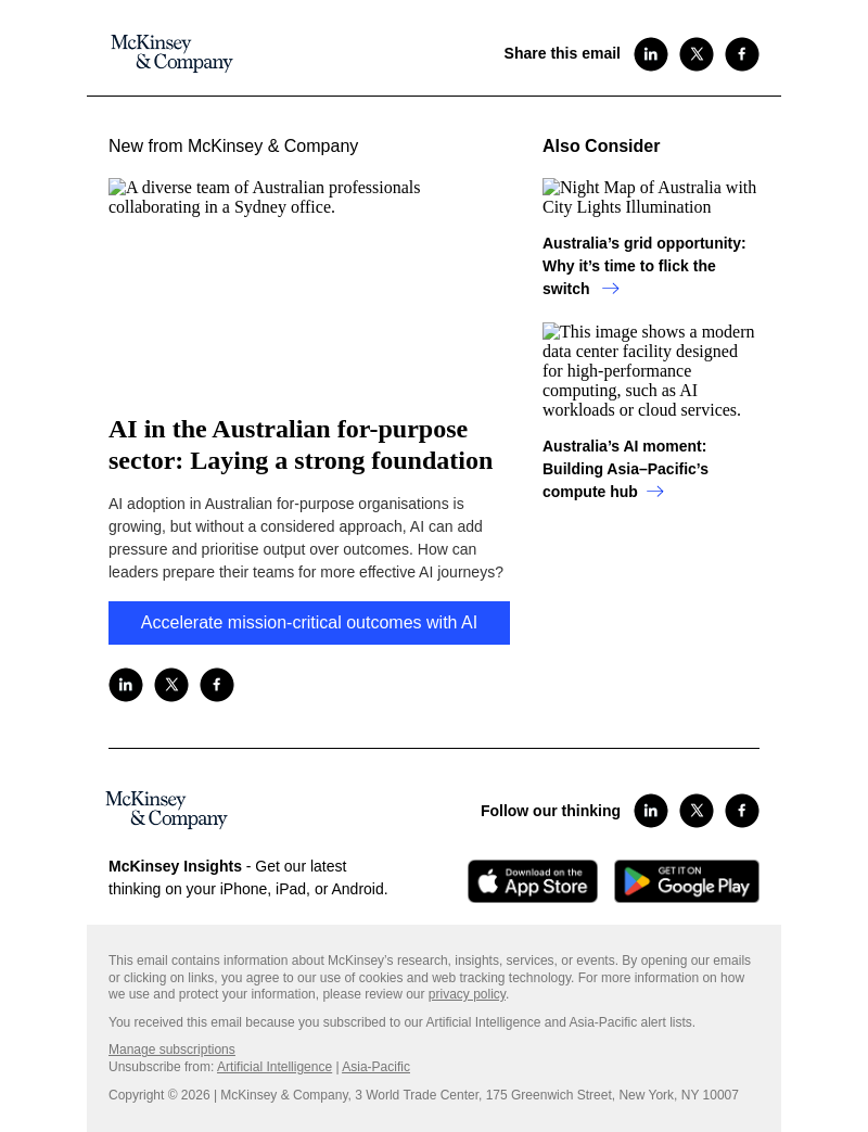 Письмо компании «McKinsey & Company» на тему «AI in the Australian for-purpose sector: Laying a strong foundation»