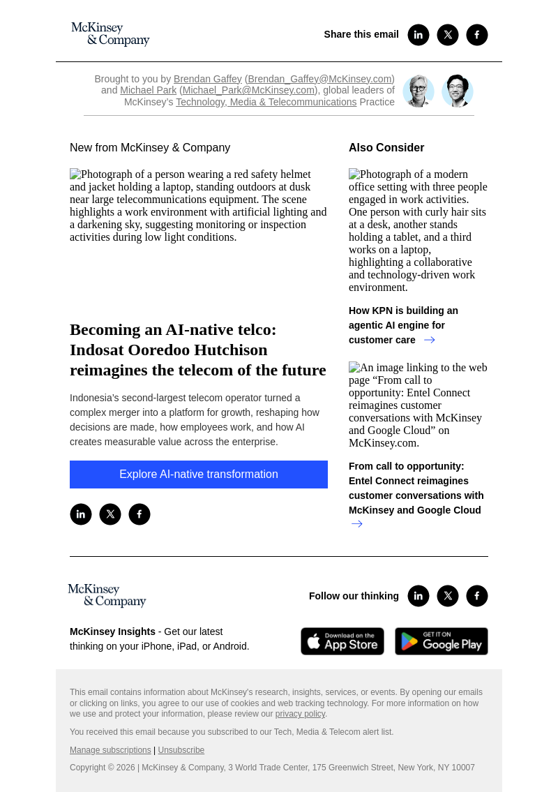 Письмо компании «McKinsey & Company» на тему «Becoming an AI-native telco: Indosat Ooredoo Hutchison reimagines
 the telecom of the future»