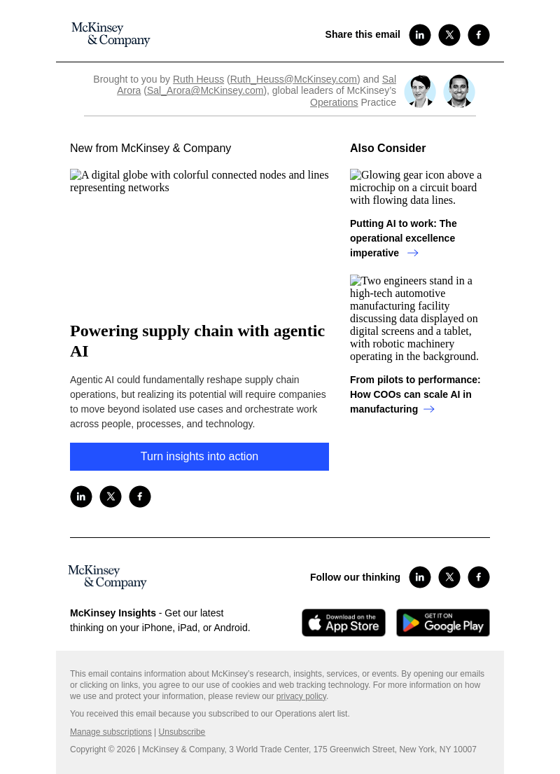 Письмо компании «McKinsey & Company» на тему «Powering supply chain with agentic AI»