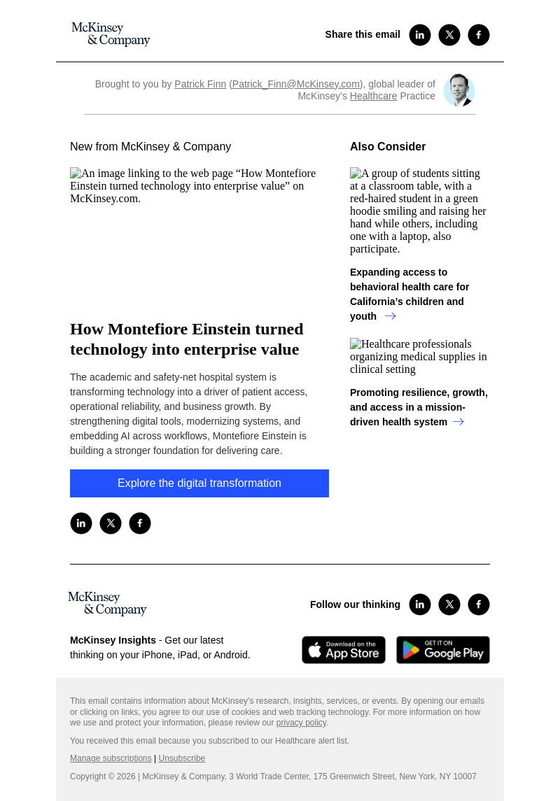 Письмо компании «McKinsey & Company» на тему «How Montefiore Einstein turned technology into enterprise value»